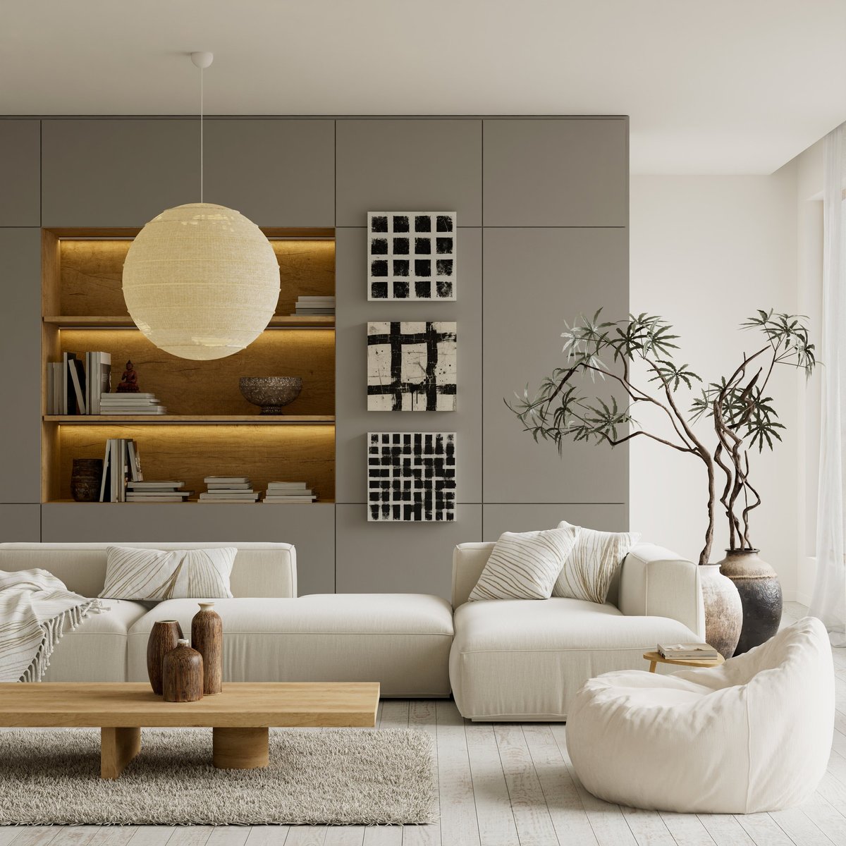 Contemporary minimalist living room with refined furniture and natural light